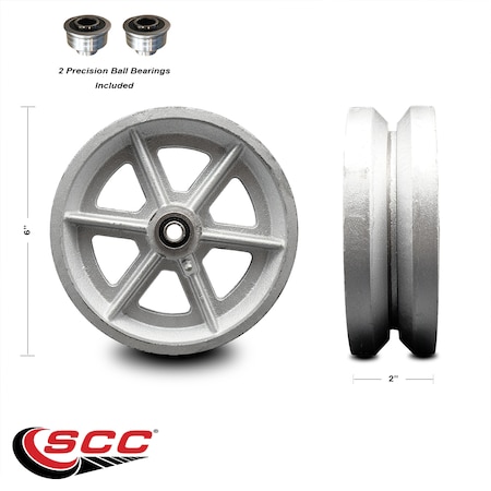 SCC -6 Semi Steel Cast Iron V-Groove Wheel Only W/Ball Bearing -1200 Lbs Cpty